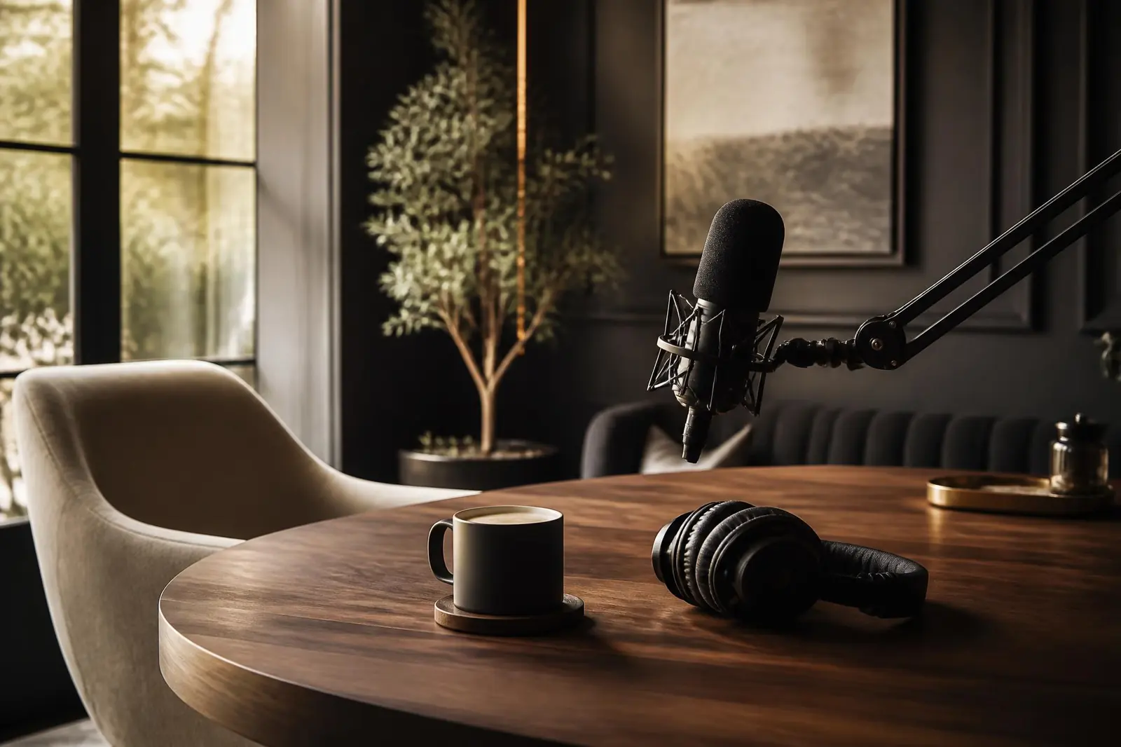 Warm, cinematic podcast studio with microphone, headphones and coffee