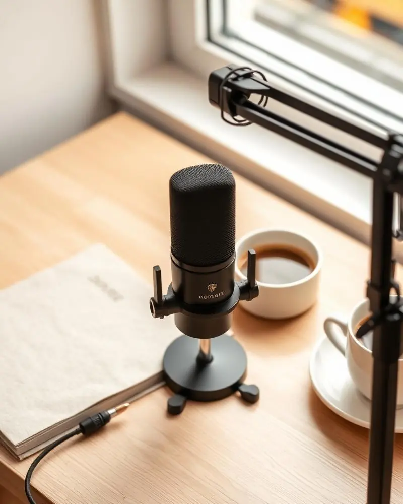 Microphone, notebook and coffee on a studio desk